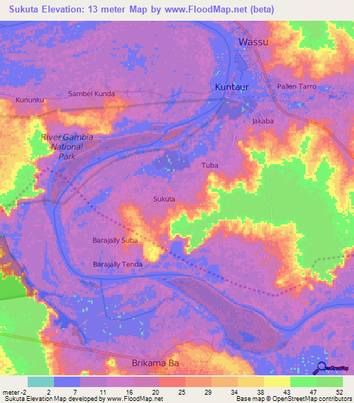 Sukuta,Gambia Elevation Map