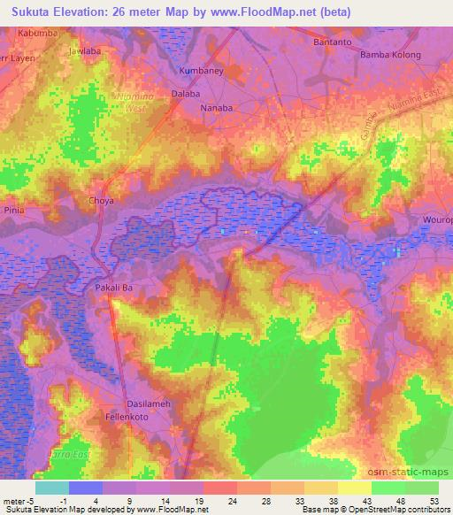 Sukuta,Gambia Elevation Map
