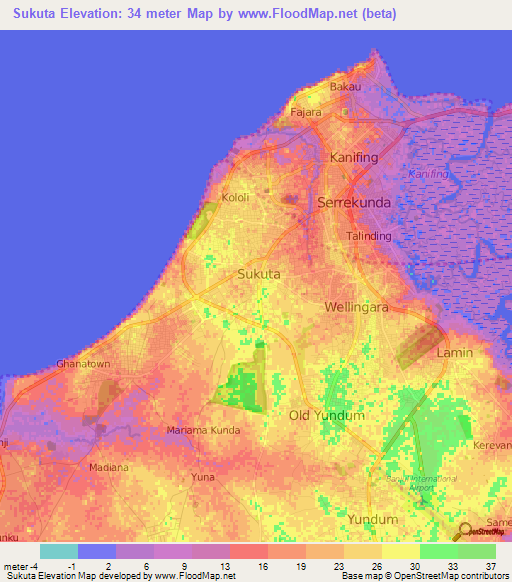 Sukuta,Gambia Elevation Map