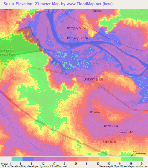 Sukur,Gambia Elevation Map