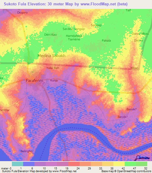 Sukoto Fula,Gambia Elevation Map
