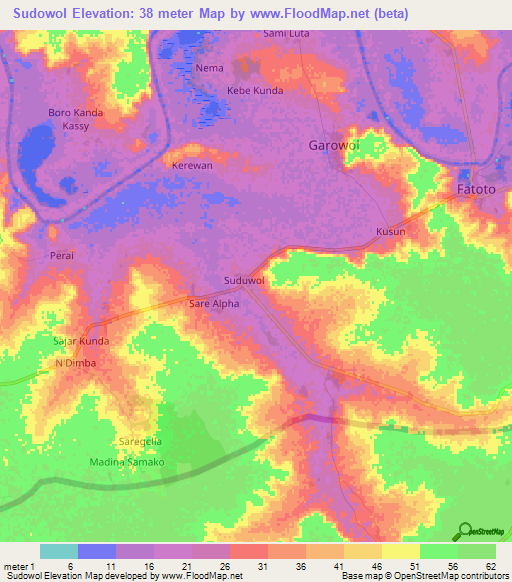 Sudowol,Gambia Elevation Map
