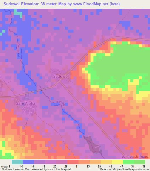 Sudowol,Gambia Elevation Map
