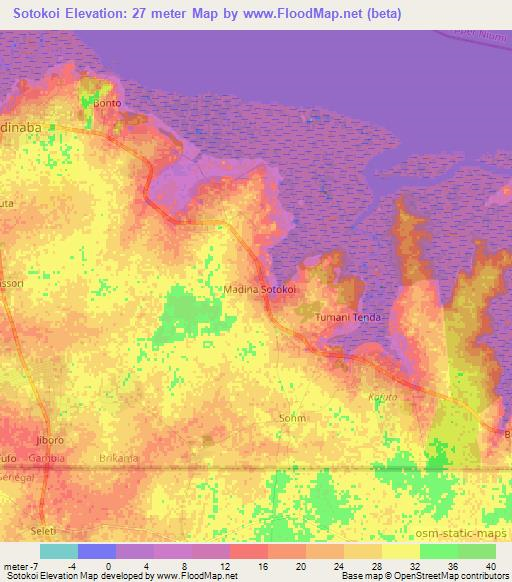 Sotokoi,Gambia Elevation Map