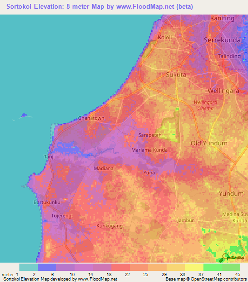 Sortokoi,Gambia Elevation Map