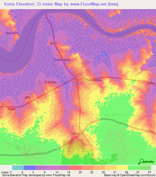 Soma,Gambia Elevation Map