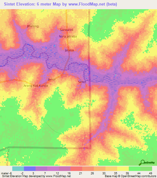 Sintet,Gambia Elevation Map