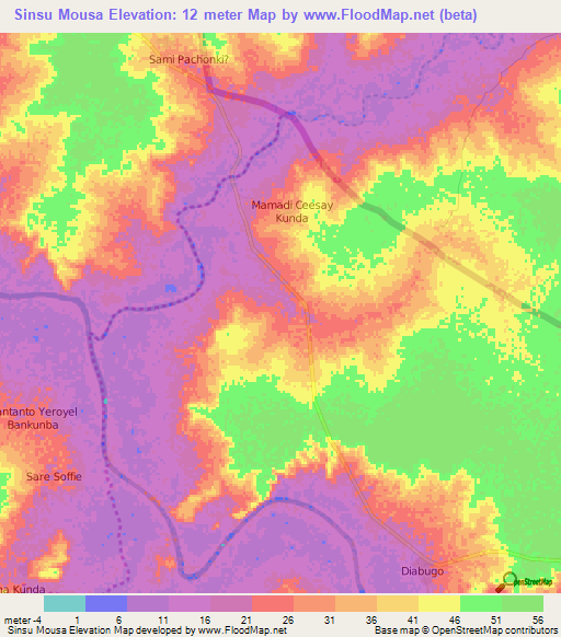 Sinsu Mousa,Gambia Elevation Map