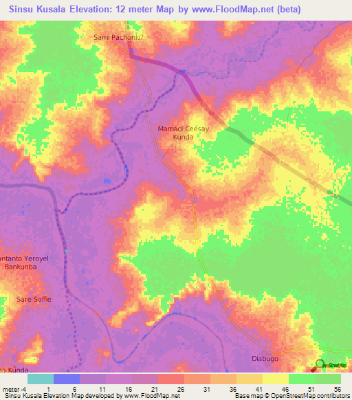 Sinsu Kusala,Gambia Elevation Map