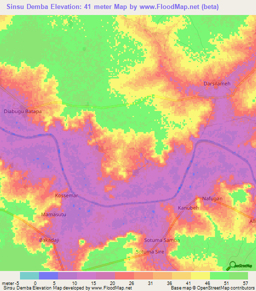 Sinsu Demba,Gambia Elevation Map