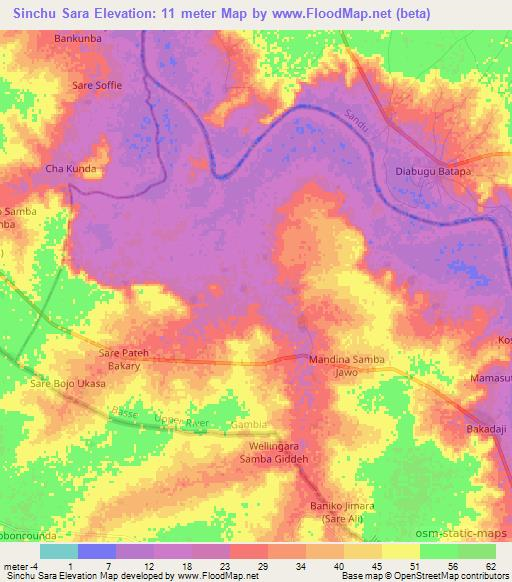 Sinchu Sara,Gambia Elevation Map