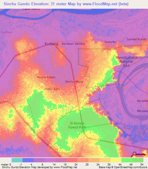 Sinchu Gundo,Gambia Elevation Map