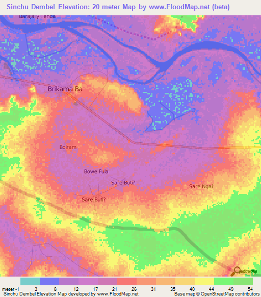 Sinchu Dembel,Gambia Elevation Map