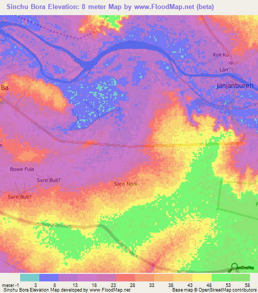 Sinchu Bora,Gambia Elevation Map
