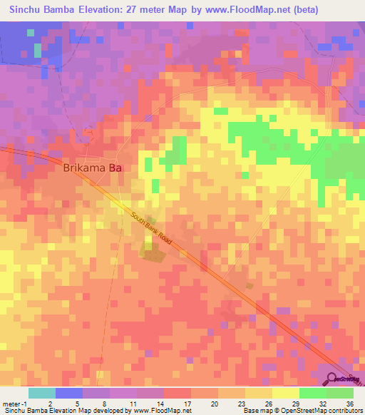 Sinchu Bamba,Gambia Elevation Map