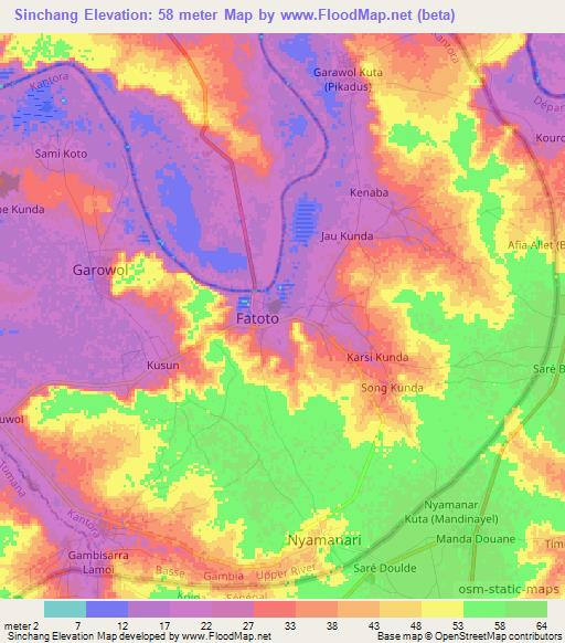 Sinchang,Gambia Elevation Map