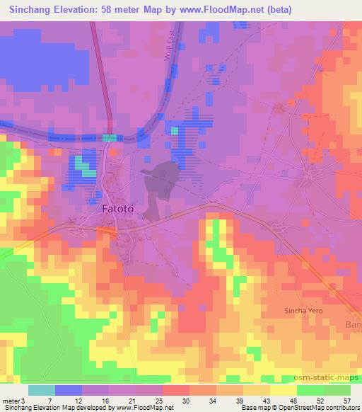 Sinchang,Gambia Elevation Map