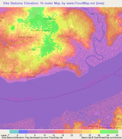 Sika Baduma,Gambia Elevation Map
