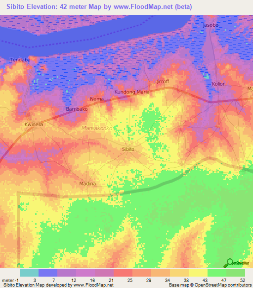 Sibito,Gambia Elevation Map