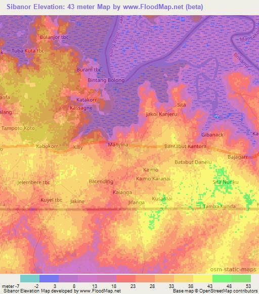 Sibanor,Gambia Elevation Map