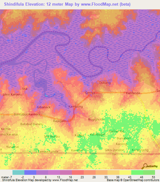 Shindifula,Gambia Elevation Map