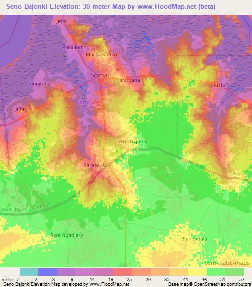 Seno Bajonki,Gambia Elevation Map