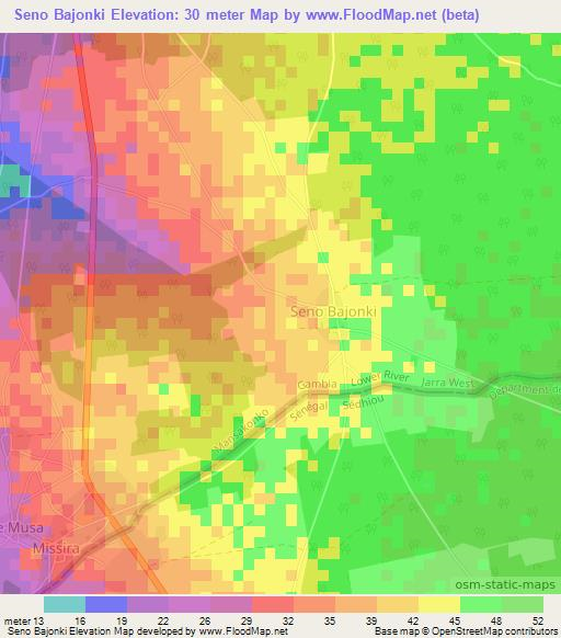 Seno Bajonki,Gambia Elevation Map