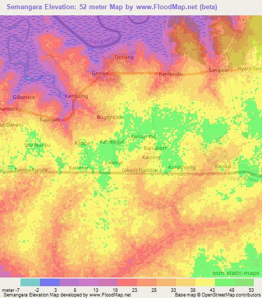 Semangara,Gambia Elevation Map