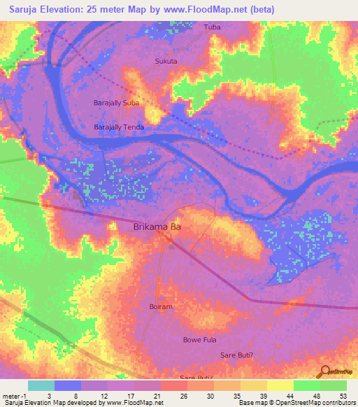 Saruja,Gambia Elevation Map
