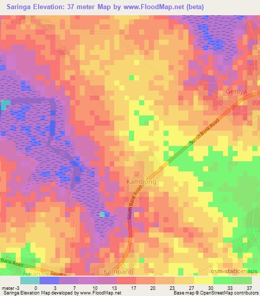 Saringa,Gambia Elevation Map