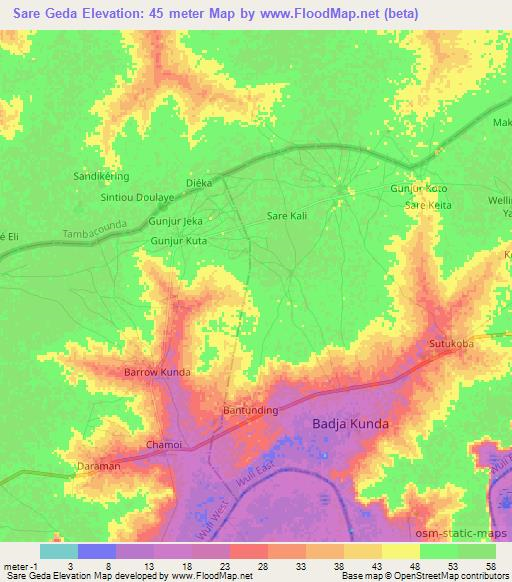 Sare Geda,Gambia Elevation Map