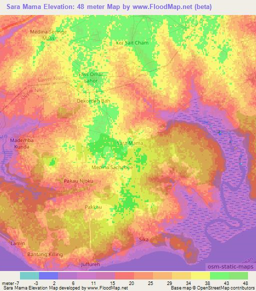 Sara Mama,Gambia Elevation Map
