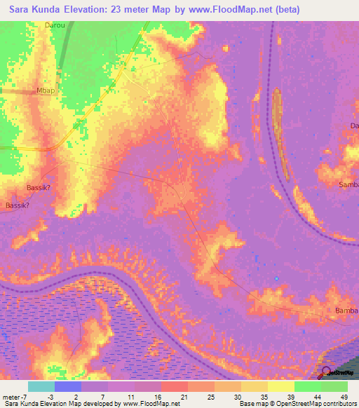 Sara Kunda,Gambia Elevation Map