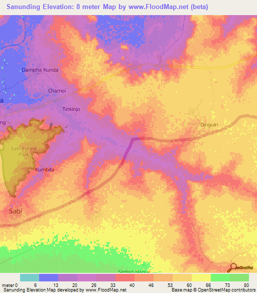 Sanunding,Gambia Elevation Map