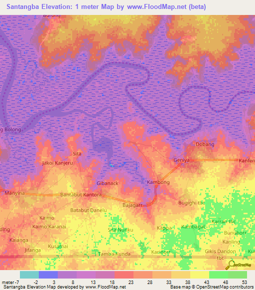 Santangba,Gambia Elevation Map