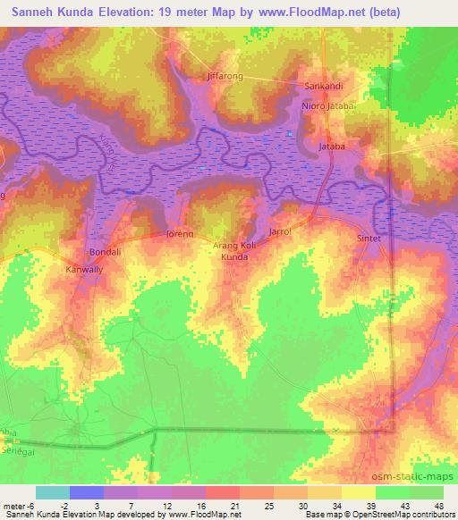 Sanneh Kunda,Gambia Elevation Map