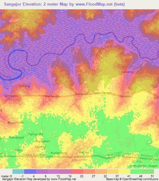 Sangajor,Gambia Elevation Map