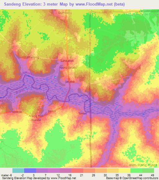 Sandeng,Gambia Elevation Map