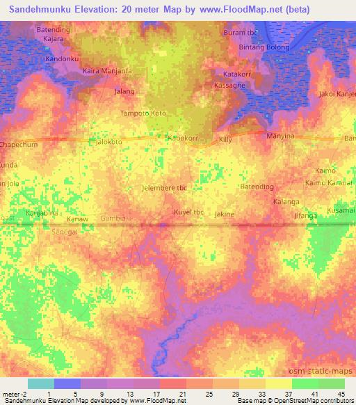 Sandehmunku,Gambia Elevation Map