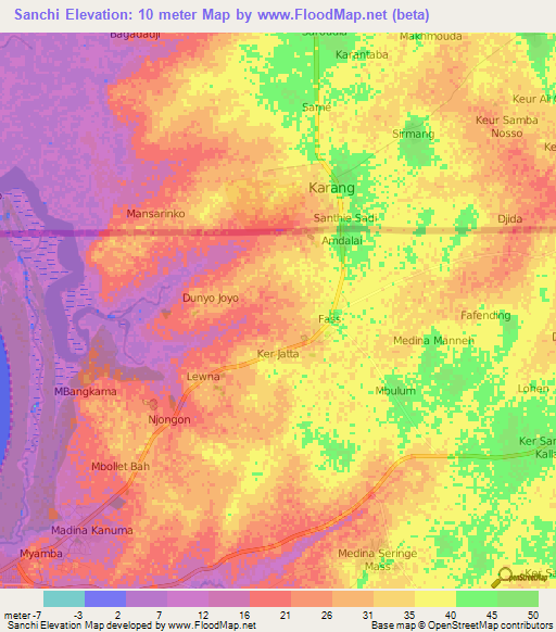 Sanchi,Gambia Elevation Map