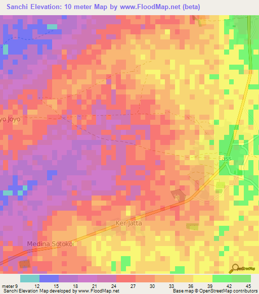 Sanchi,Gambia Elevation Map