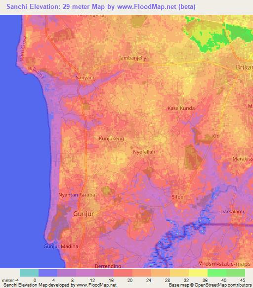 Sanchi,Gambia Elevation Map