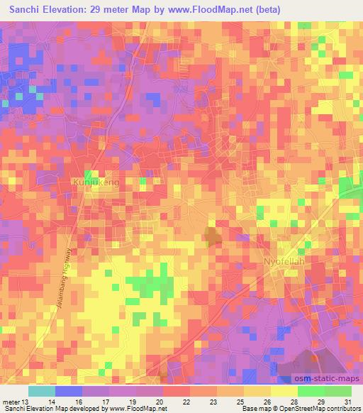 Sanchi,Gambia Elevation Map