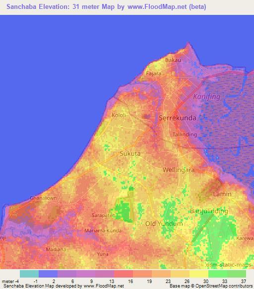 Sanchaba,Gambia Elevation Map