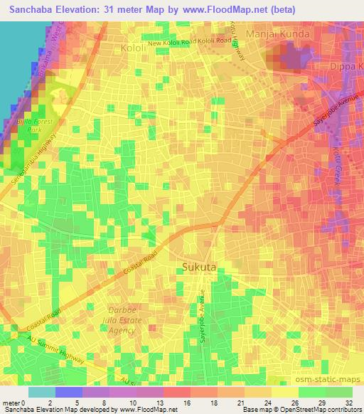 Sanchaba,Gambia Elevation Map