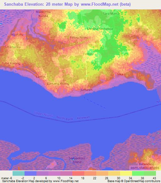 Sanchaba,Gambia Elevation Map