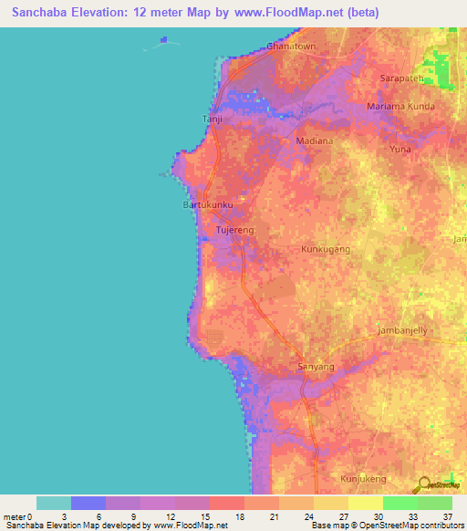 Sanchaba,Gambia Elevation Map