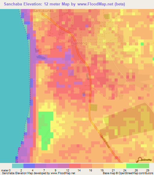Sanchaba,Gambia Elevation Map