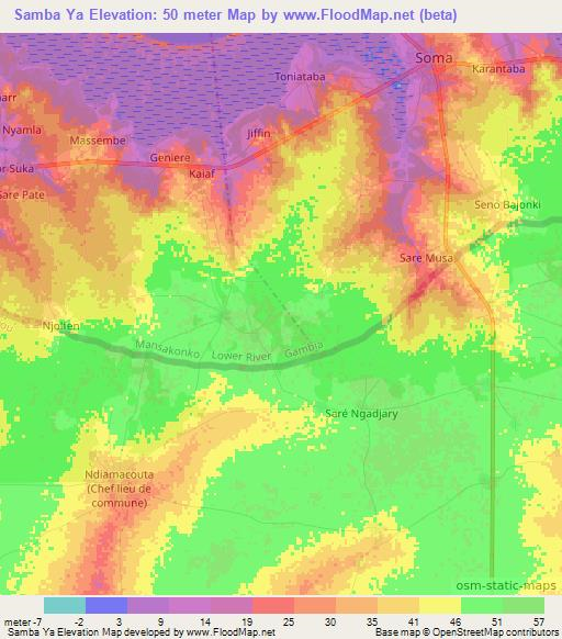 Samba Ya,Gambia Elevation Map