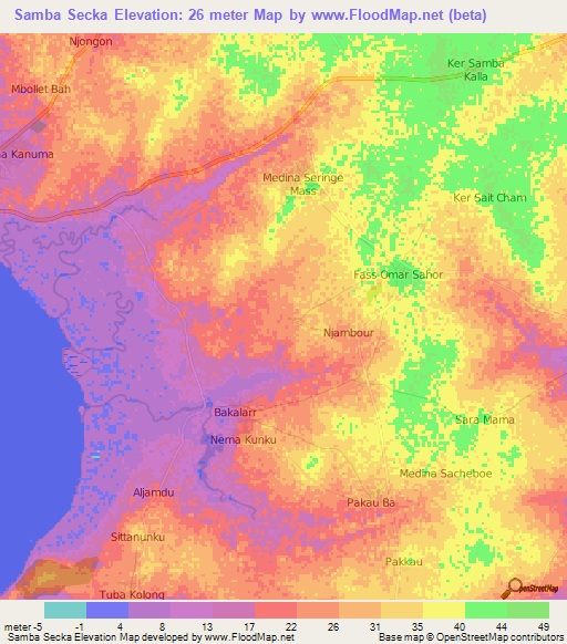 Samba Secka,Gambia Elevation Map